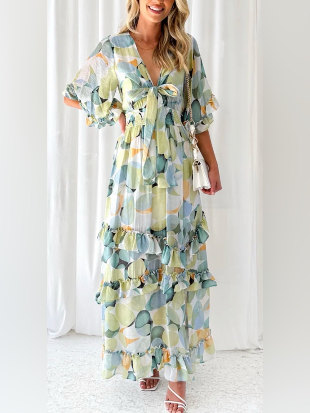 Tie-Front Maxi Dress in Green Multi-Print